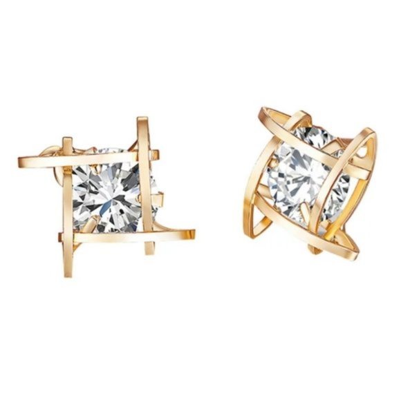 NEW Gold 3D Solitaire Caged Diamond Stud Earrings - Picture 8 of 8